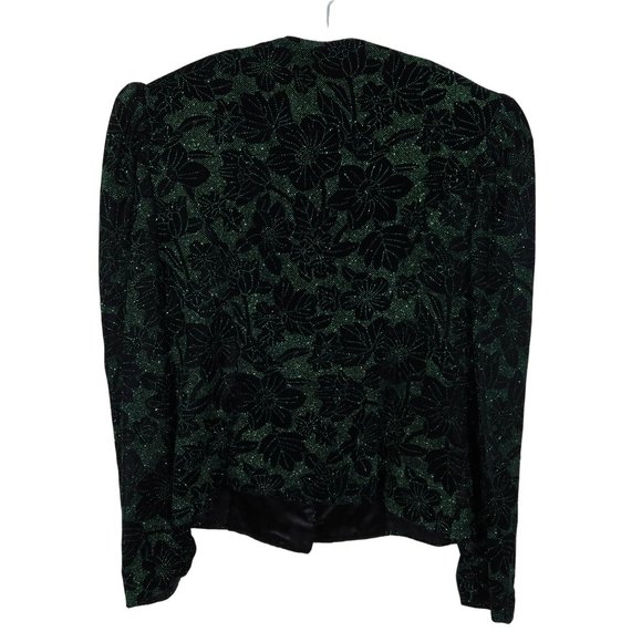 Vintage JESSICA MCCLINTOCK Size 12 Black Green Velvet Sparkle Puff Sleeve Jacket - Picture 2 of 7